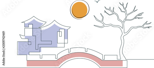 Tableau sur toile Traditional Japanese house and bridge landscape in continuous line drawing