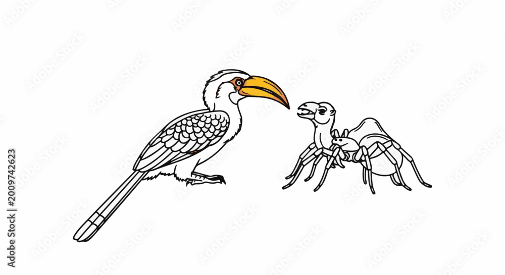 Obraz premium A bird with a large beak meets a spider-like creature with a hump