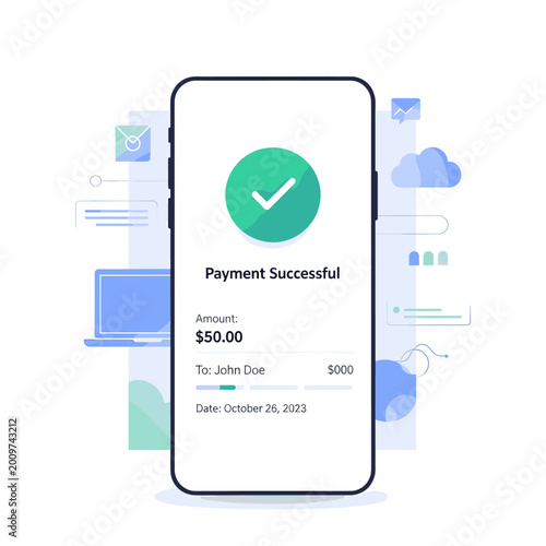 Fotografie Mobile phone displaying a successful payment confirmation with amount and recipient details