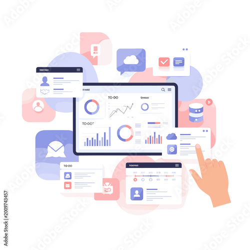 Digital dashboard displaying data analytics, user profiles, cloud services, and task management with a hand interacting with the interface.