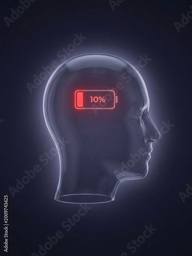 Mental exhaustion concept — human head with low battery icon