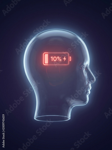 Mental exhaustion concept — human head with low battery icon
