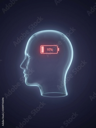 Mental exhaustion concept — human head with low battery icon