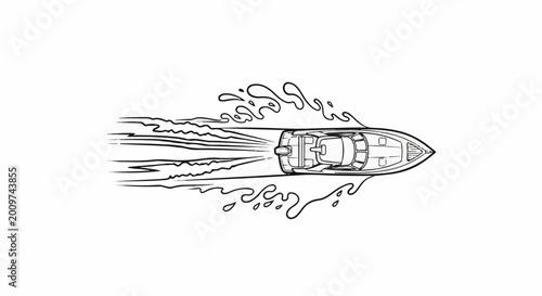 A black and white line drawing shows a speed boat creating a wake on water