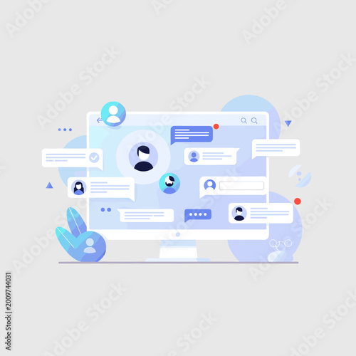 Illustration of a computer screen displaying a chat interface with user avatars and message bubbles, symbolizing online communication and social networking.