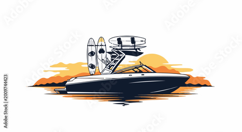 A boat with surfboards docked at sunset with warm colors