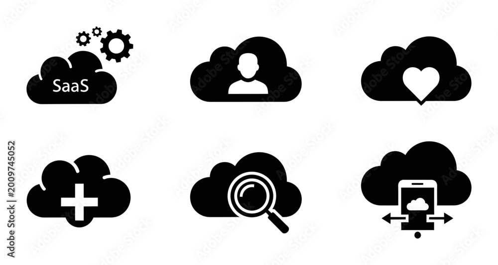 Fototapeta premium Cloud computing silhouette set solid and glyph styles, white background