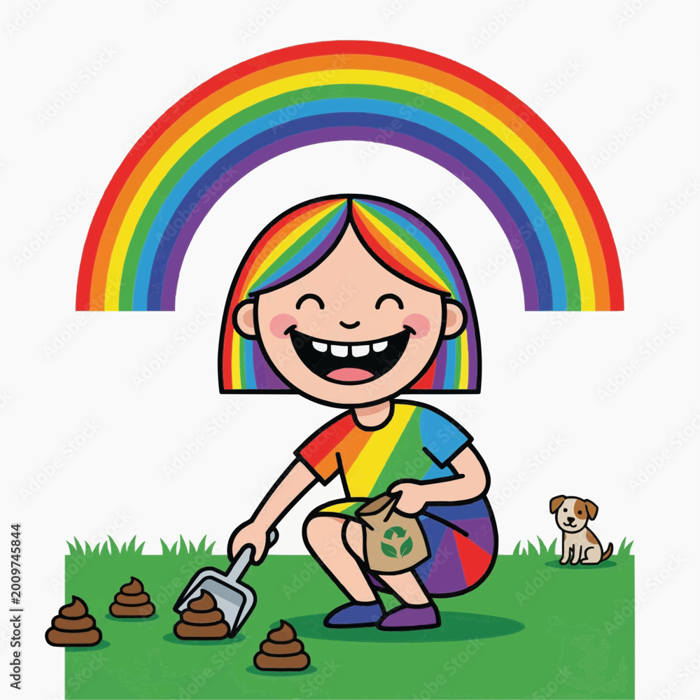 Fototapeta premium A cheerful person cleaning up poop with a dog and a rainbow in the image