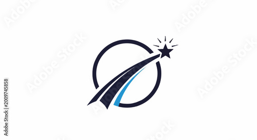 A dark blue circle frames a shooting star with a swooping trail