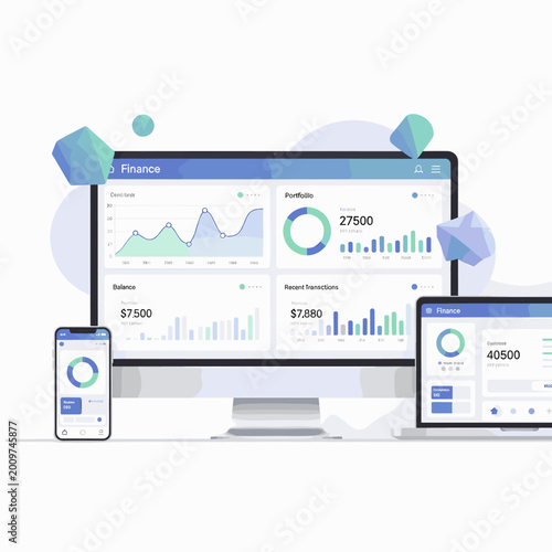Картината върху платно A modern digital dashboard displaying financial data and analytics on multiple devices, including a desktop monitor, laptop, and smartphone