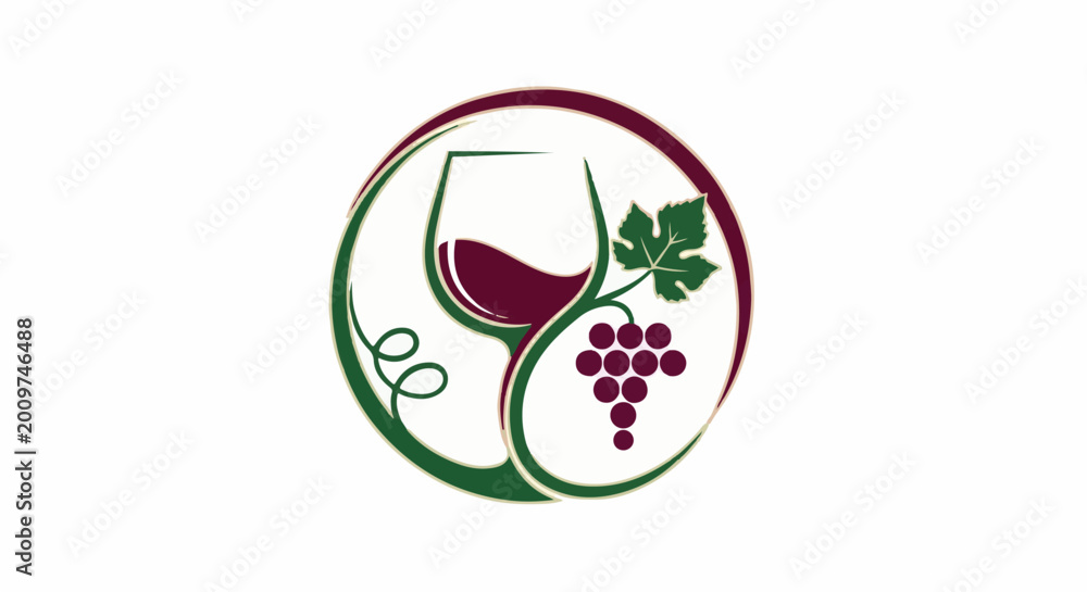 Fototapeta premium A circular logo featuring a wine glass, grapes, and vine tendrils