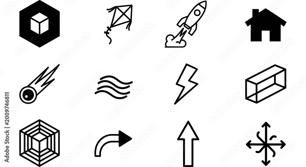 Fototapeta premium Collection of simple line icons including a cube kite rocket house comet waves