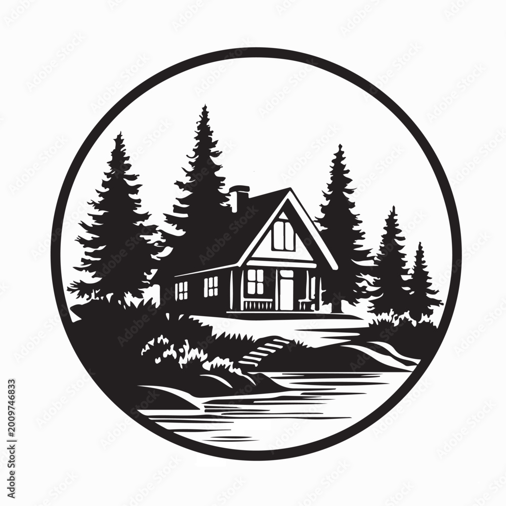 Obraz premium Lakeside Cottage And Forest Trees Landscape Vector Illustration