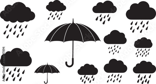 Rainy weather icons with clouds and umbrellas, bad weather