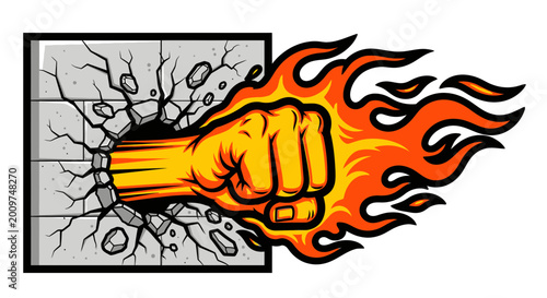 Fist Breaking Through Wall with Flames.