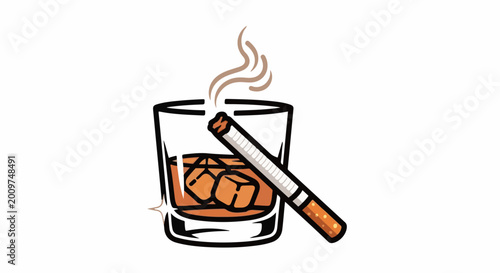A smoking cigarette rests on a glass of amber liquid with ice cubes