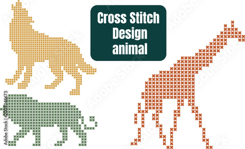 Photography Cross stitch designs of a wolf a monkey and a giraffe isolated on a white backgr