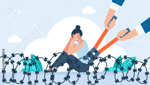 Foto A crying woman sitting behind barbed wire while a man uses large cutters to break the fence and set her free, representing rescue, hope and escape from captivity