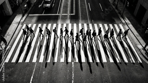 Urban Commute: Black and White Pedestrians with Long Shadows