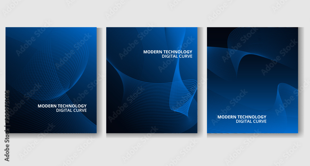 Fototapeta premium Three Blue Modern Technology Poster Mockup Templates with Abstract Digital Curve Backgrounds, Square Layout Preview, Dark Futuristic Gradient Style, Clean White Typography, and Corporate Branding Desi