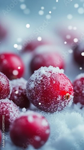 Close up of frosted cranberries in snow with bokeh lights.