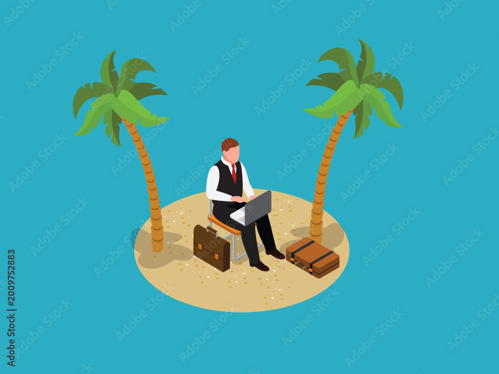 Obraz premium Businessman Working on Laptop on Tropical Desert Island 3d isometric vector illustration