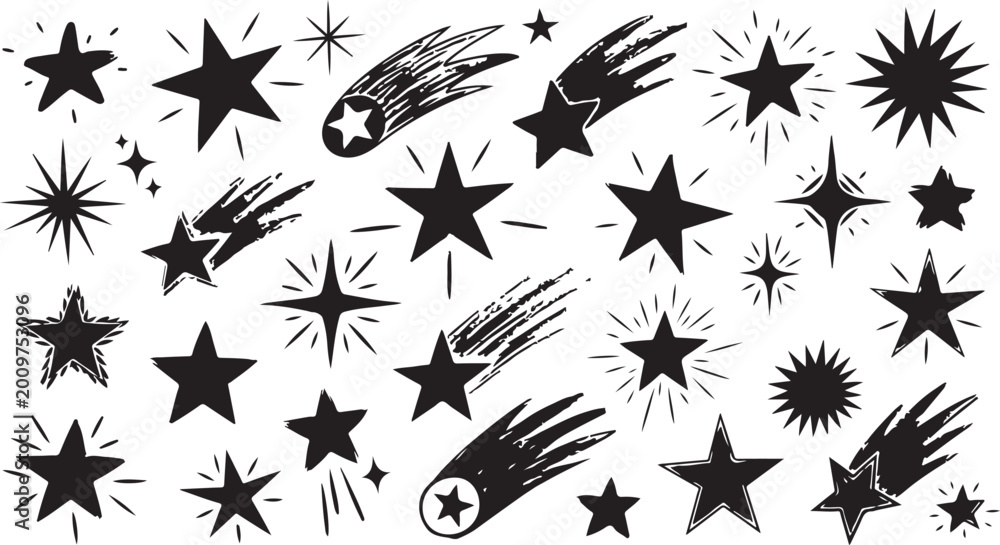 Fototapeta premium Hand drawn stars and brush strokes in grunge style with black ink on white background for graphic design elements
