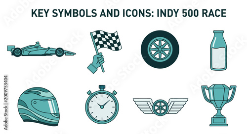 Tableau sur toile Icons of the Indy 500 race arranged in two rows including a race car checkered f