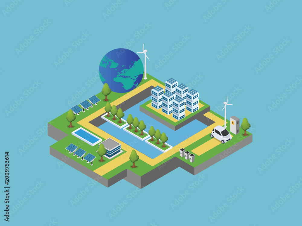 Fototapeta premium Smart Green City with Renewable Energy and Sustainable Infrastructure 3d isometric vector illustration