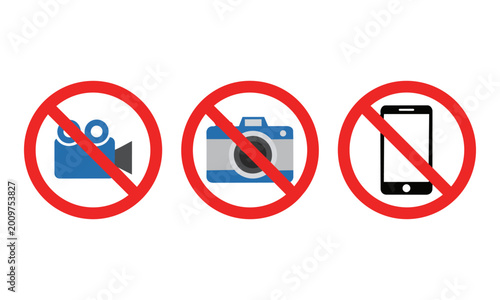 Free Download Three prohibition signs featuring video camera photo camera and smartphone symbols in red circles isolated on a white background, security restriction concept - GFXLoad