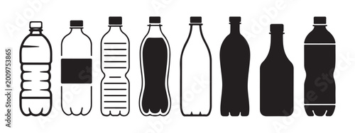 Set of plastic water and soda bottle silhouettes and outlines for recycling and beverage concepts