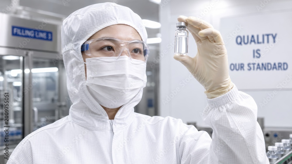 Naklejka premium Masked pharmaceutical cleanroom worker holding clear glass medical vial toward light.