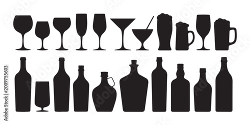 Cuadro en lienzo Collection of Alcohol Bottle and Glass Silhouettes