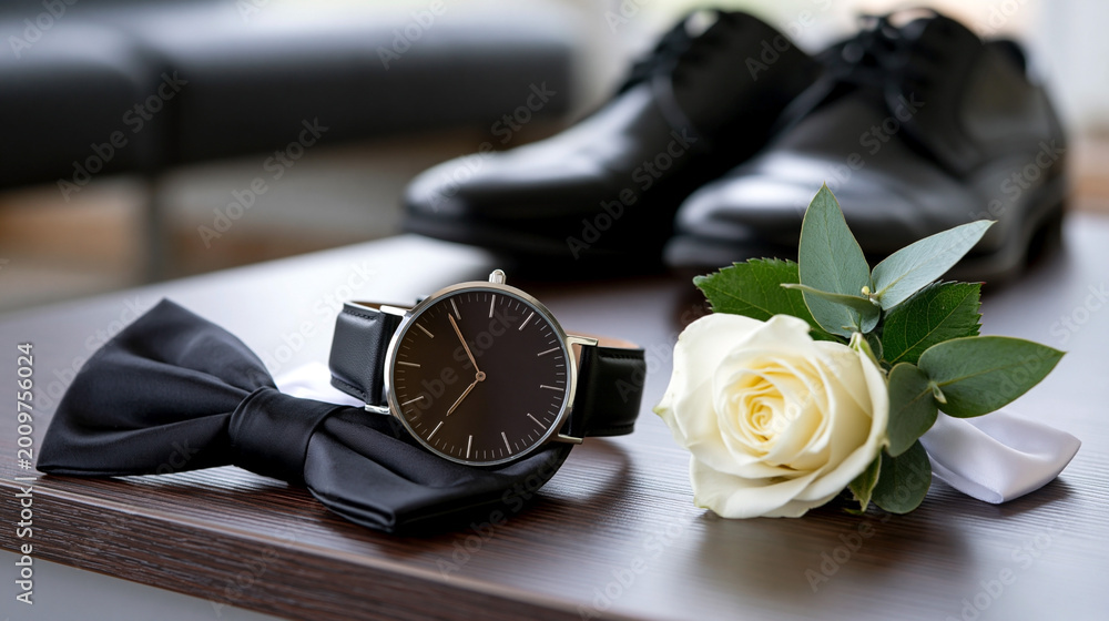 Obraz premium Groom's Essentials. Elegant black bow tie, wristwatch, and white rose boutonniere arranged on a wooden surface with polished black dress shoes in the background