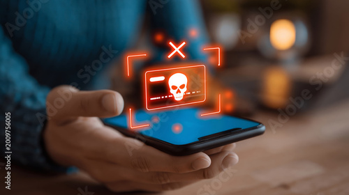 Online payment fraud detection warning digital skull icon over credit card on smartphone screen concept of financial scam alert and cyber security