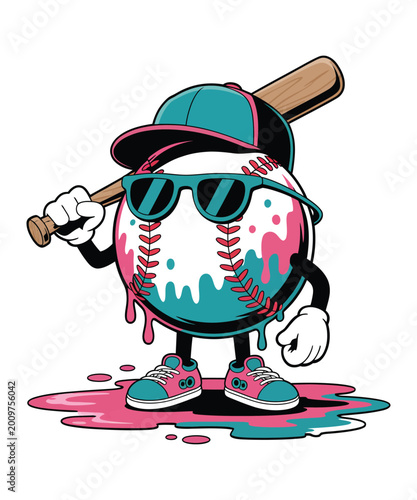 Cool baseball character with sunglasses holding a bat and standing in a pool of melting paint