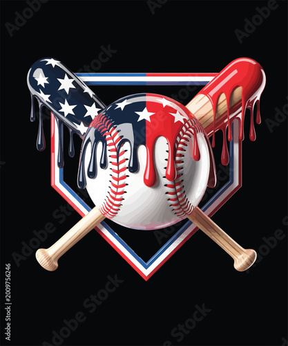 American flag themed baseball design with melting paint effect and crossed wooden bats vector