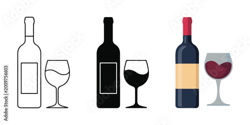 Set of Wine Bottle and Glass Icons in Outline, Silhouette, and Flat Color Styles
