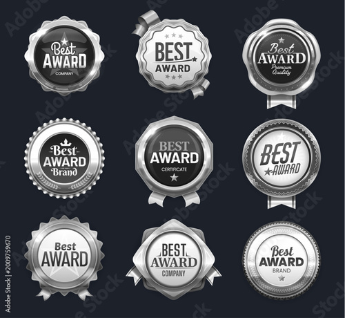Best award silver labels, luxury badges and seals with laurel wreaths. Consumer recommendation vector tag, product quality guarantee glossy label. Best choice certificate silver badge with ribbons