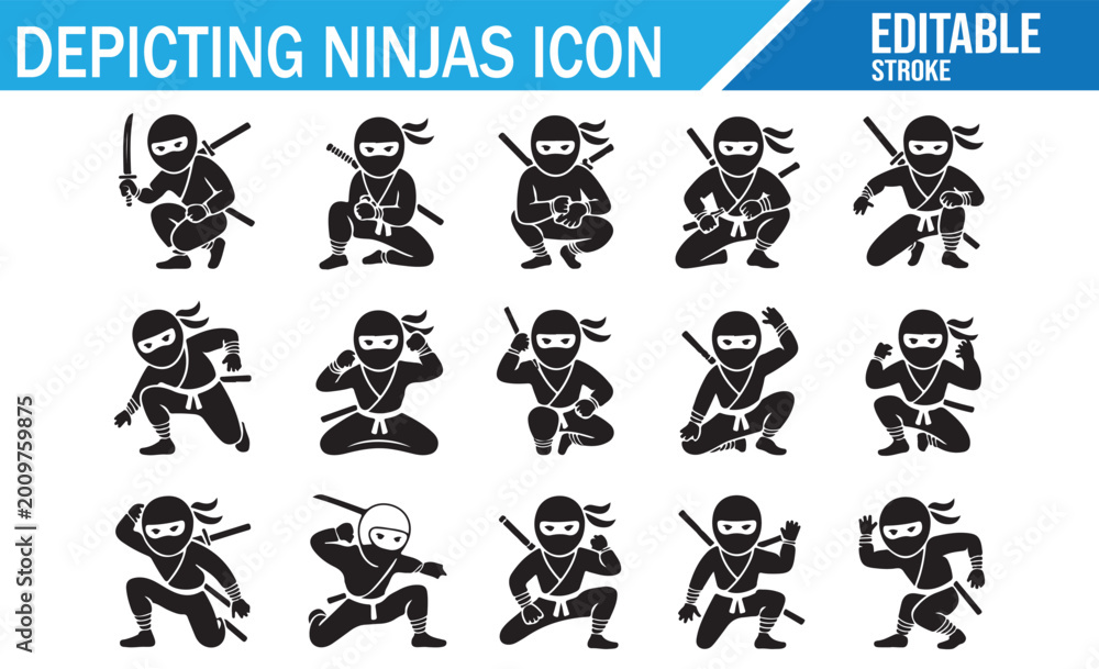 Fototapeta premium Black Ninja Mascot Icon Set for Game, Sticker and Graphic Design