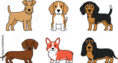Tableau sur toile Dog Breeds Icons Set Featuring Terrier Beagle Dachshund Corgi Hound and Mixed Breed Cartoon Dogs for Pet Care Animal Lovers and Veterinary Design