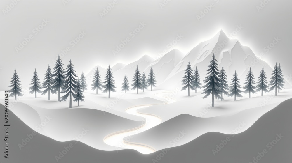 Obraz premium Winter landscape. Snow covered mountains, trees, river. Calm scene, grayscale palette, peaceful environment.