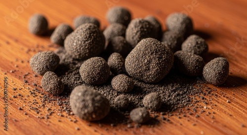 Closeup of fresh black truffles on a wooden table
