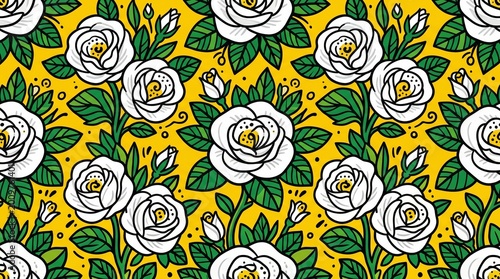 A vibrant seamless pattern featuring bold, stylized white roses and green leaves set against a bright yellow background.