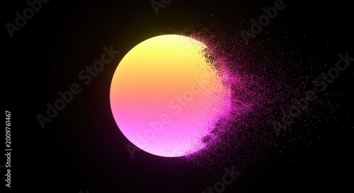 Abstract glowing sphere with particle dispersion effect on black background
