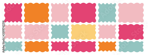 Fotografie Doodle curvy frame icons with squiggly uneven blot shapes, oval amoeba badges, and clouds