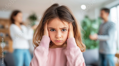 Young girl experiencing childhood trauma from parents' arguing in home background, feeling stress and emotional pain
