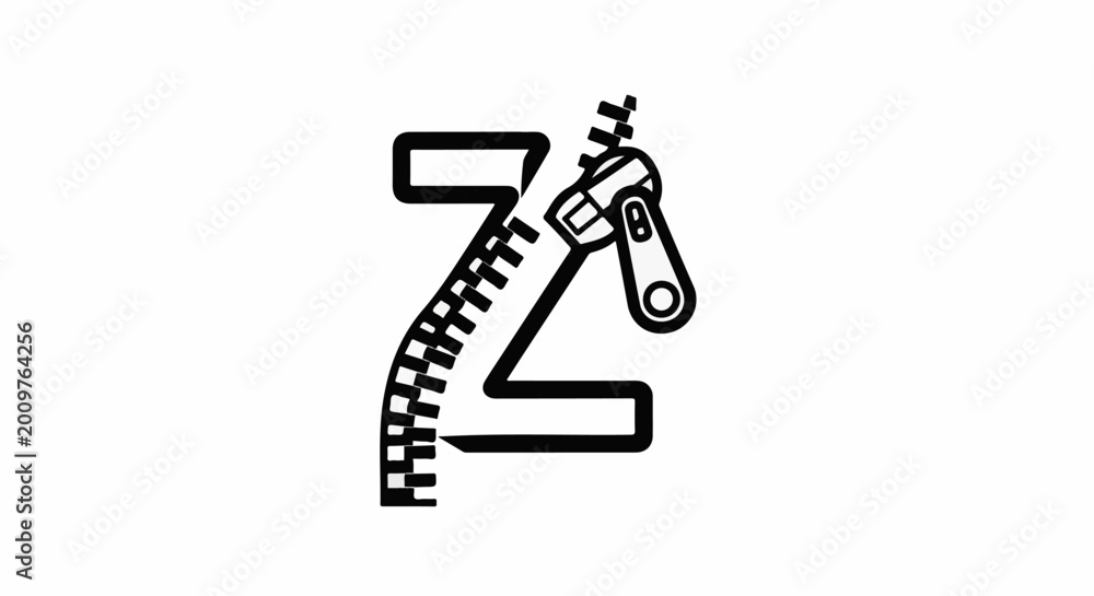 Fototapeta premium Black and white graphic of a stylized letter Z with a zipper mechanism