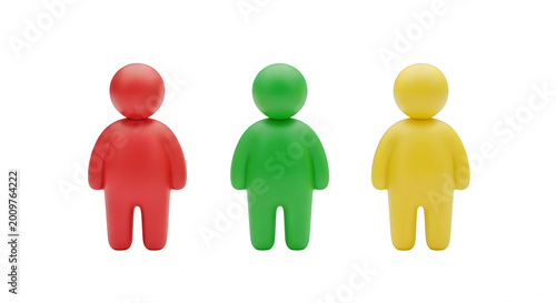 Three colorful human figures standing side by side in a row, each with a different color. isolated on transparent background