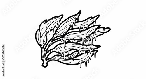 Black and white stylized illustration of a branch with icicles